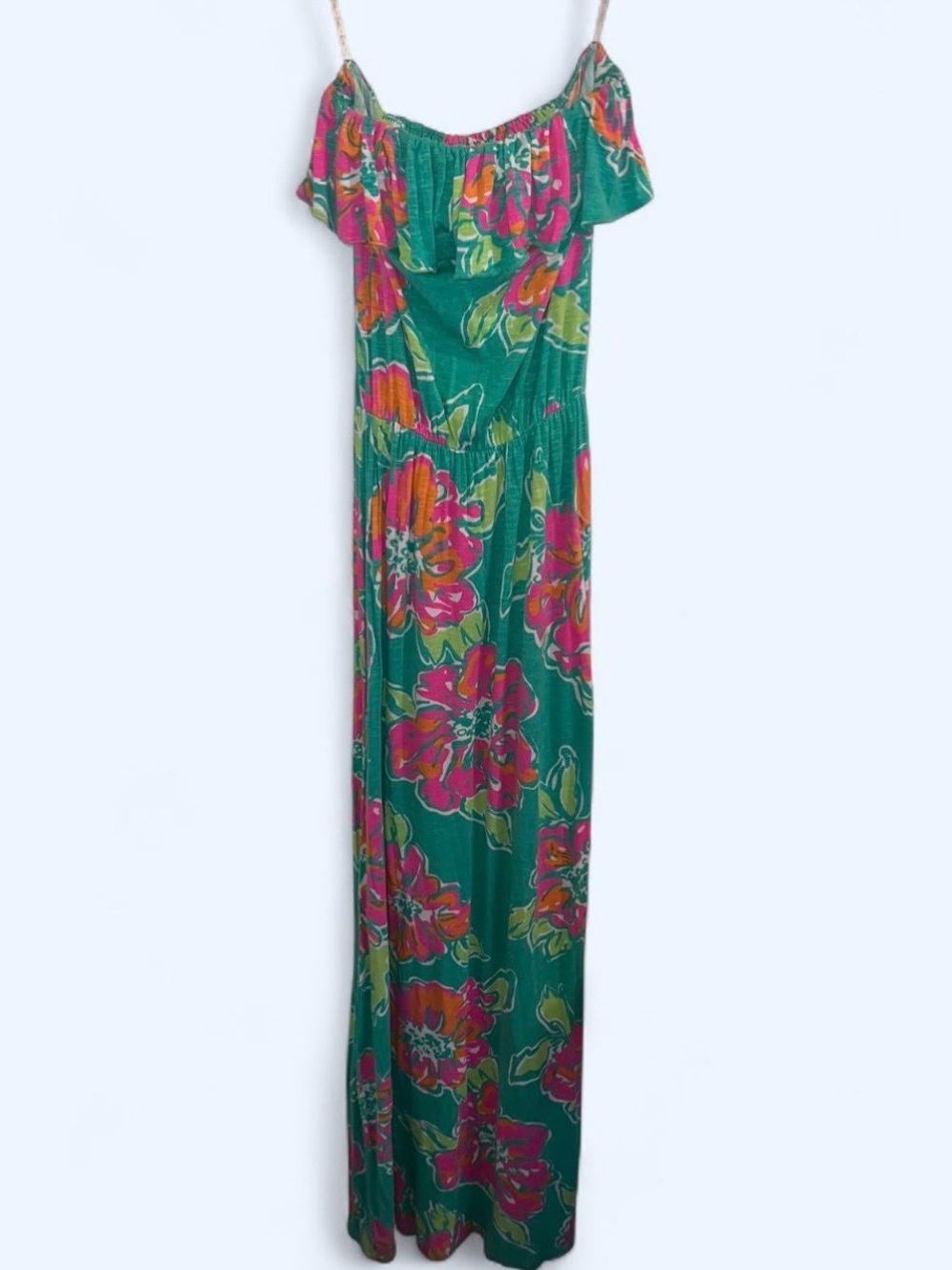 Lilly Pulitzer Green Maxi Dress with Pink & Orange Floral Print